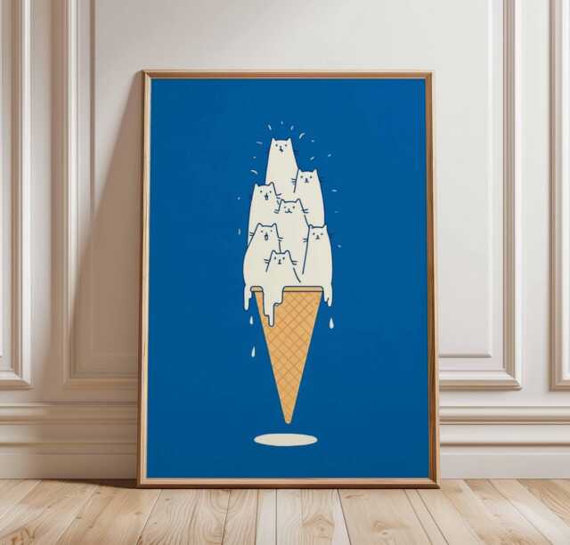 Funny Cat Art Print, Quirky Ice Cream Cone Poster, Minimalist Animal Wall Decor, Blue & White Gallery Wall, Modern Lover Gift - image 1