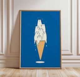 Funny Cat Art Print, Quirky Ice Cream Cone Poster, Minimalist Animal Wall Decor, Blue & White Gallery Wall, Modern Lover Gift - thumbnail 1