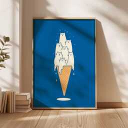 Funny Cat Art Print, Quirky Ice Cream Cone Poster, Minimalist Animal Wall Decor, Blue & White Gallery Wall, Modern Lover Gift - thumbnail 3