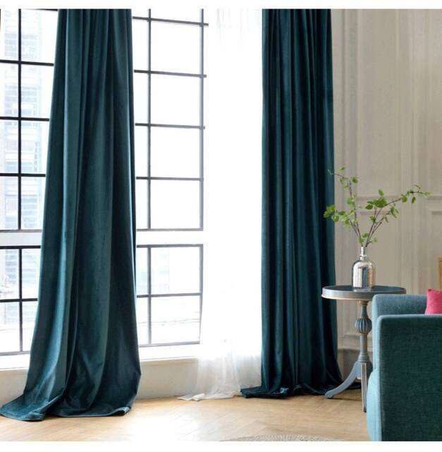 Pair Of Peacock Blue Velvet Curtains, Bedroom Living Room Custom Curtains - image 1