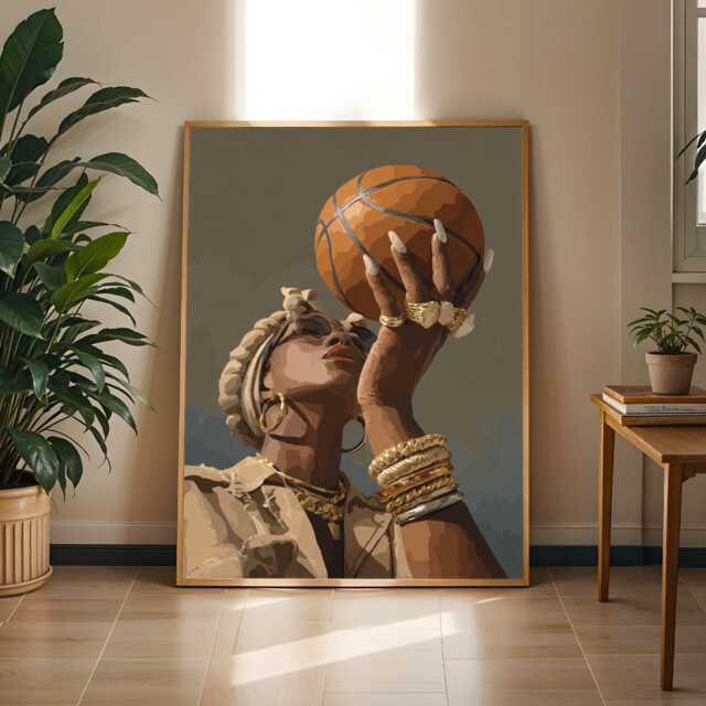 Afrocentric Basketball Art Print Stylish Figure in Gold Jewelry - Poster Only - image 1