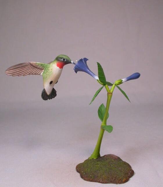 Open-Winged Ruby-Throated Hummingbird #2 Hand Carved Wooden Bird - image 1