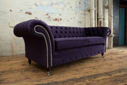 3 Seater Dark Purple Velvet Fabric Chesterfield Sofa, British Handmade