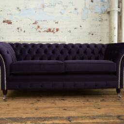 3 Seater Dark Purple Velvet Fabric Chesterfield Sofa, British Handmade - thumbnail 2