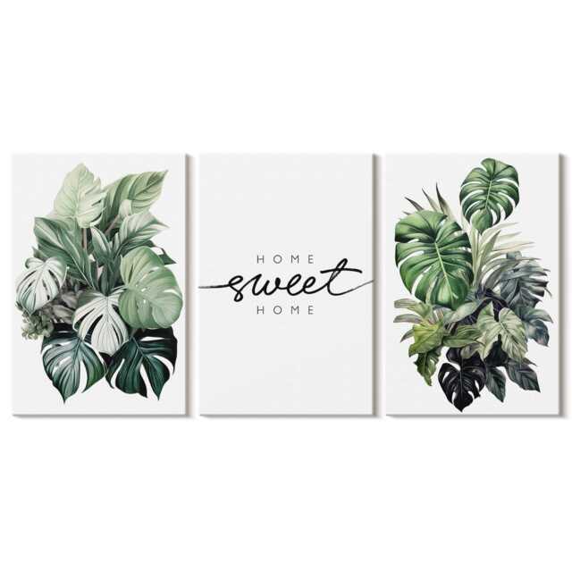 Set Of 3 Canvas Prints - Green Plants With The Words Sweet Home, Picture Print, & Flowers Wall Decor - image 1