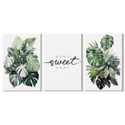 Set Of 3 Canvas Prints - Green Plants With The Words Sweet Home, Picture Print, & Flowers Wall Decor - thumbnail 1