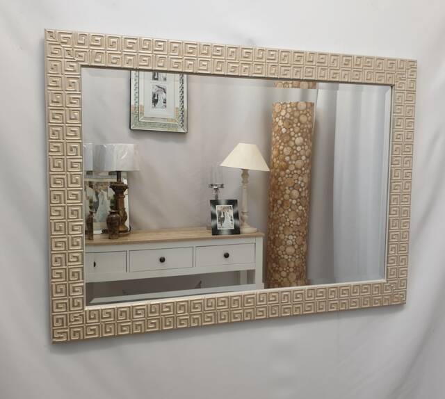 Misar Modern Geomatric Carved Wood Frame Wall Mirror Bevelled 106x76cm Cream - image 1