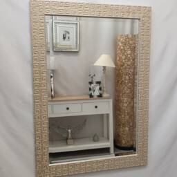 Misar Modern Geomatric Carved Wood Frame Wall Mirror Bevelled 106x76cm Cream - thumbnail 2
