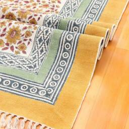 8x10 Block Printed Cotton Rug, Floral Dhurrie, Handmade - thumbnail 3