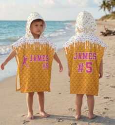 Personalized Ice Cream Drip Baseball Kid Hooded Towel, Custom Summer Vacation Kids Pool Gifts For Kid, Beach Towel - thumbnail 1