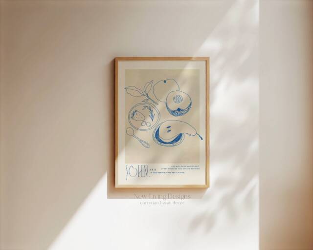 John 15 Food Illustration Poster Printed & Shipped - Modern Scripture Decor, Bible Verse Prints Christian Home Decor Faith Art - image 1