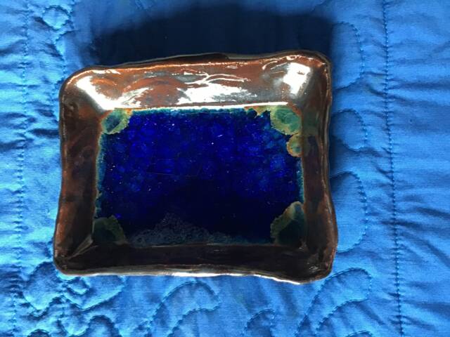 Handmade Clay Soap Dish With Deep Blue Stained Glass - image 1