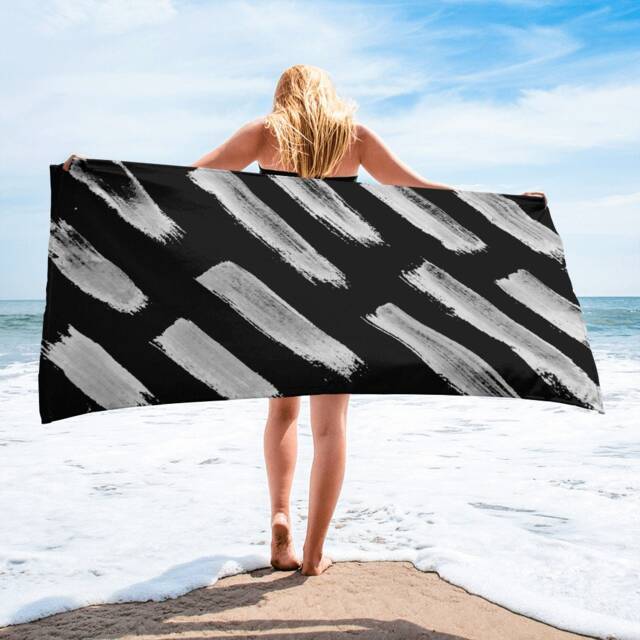 Black & White Patterned Beach Towel Abstract Shapes, Modern Bath Decor - image 1