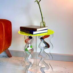 Neon Acrylic Coffee Table - Wavy Leg Design & Mirror Accents Pop Art Maximalist Decor Contemporary Furniture Modern