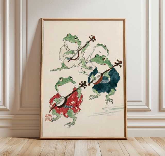 Japanese Frog Band Print, Whimsical Animal Wall Art, Frogs Playing Instruments Poster, Traditional Ink Watercolor Home Decor - image 1