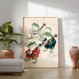 Japanese Frog Band Print, Whimsical Animal Wall Art, Frogs Playing Instruments Poster, Traditional Ink Watercolor Home Decor - thumbnail 3