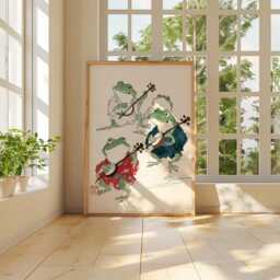Japanese Frog Band Print, Whimsical Animal Wall Art, Frogs Playing Instruments Poster, Traditional Ink Watercolor Home Decor - thumbnail 4