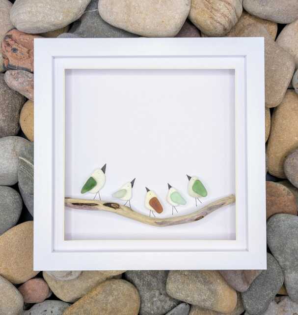 Seaglass Bird Art - Driftwood Family Tree Coastal Decor - 20x20cm Frame - image 1