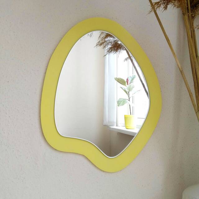Light Yellow Wood Wavy Mirror - Handmade Glass Wall Decor - 13.8x11 Inch - image 1