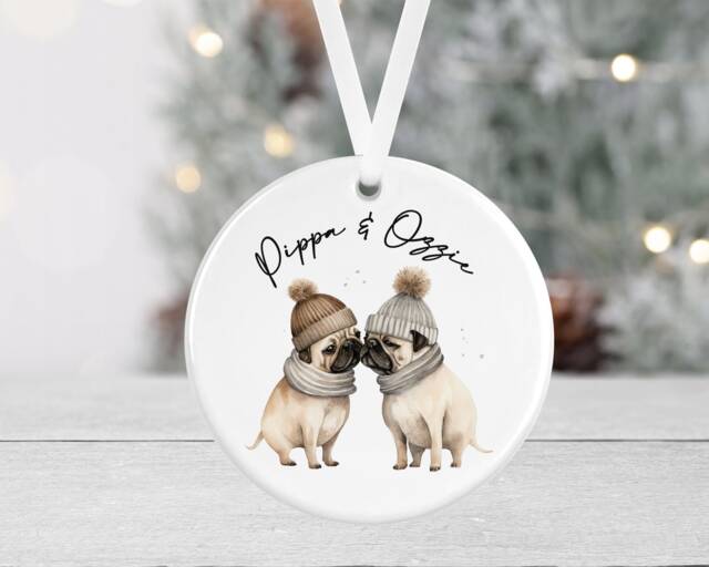 Personalised Dog Christmas Bauble - Pug Pugs Ceramic Round Pet Ornament Secret Santa Gift Lover