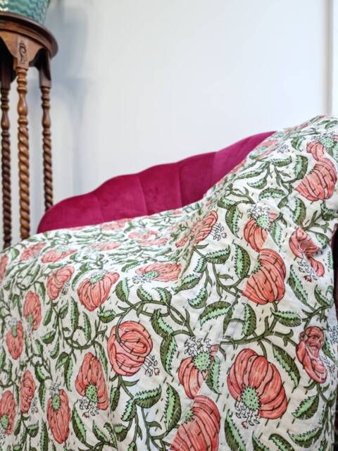 Kantha Stitch Pure Cotton Reversible Bed/Sofa Throw King Size - Handmade Handprinted Floral Dohar Summer Fresh Cream Peach Green Fruit - image 1