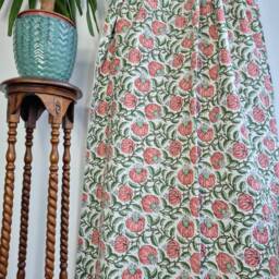 Kantha Stitch Pure Cotton Reversible Bed/Sofa Throw King Size - Handmade Handprinted Floral Dohar Summer Fresh Cream Peach Green Fruit - thumbnail 3