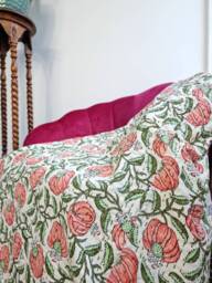 Kantha Stitch Pure Cotton Reversible Bed/Sofa Throw King Size - Handmade Handprinted Floral Dohar Summer Fresh Cream Peach Green Fruit