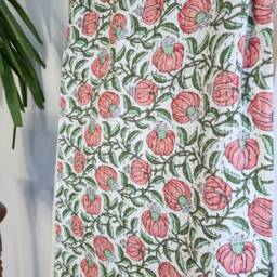 Kantha Stitch Pure Cotton Reversible Bed/Sofa Throw King Size - Handmade Handprinted Floral Dohar Summer Fresh Cream Peach Green Fruit - thumbnail 2