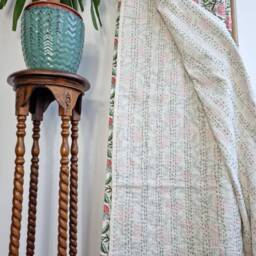 Kantha Stitch Pure Cotton Reversible Bed/Sofa Throw King Size - Handmade Handprinted Floral Dohar Summer Fresh Cream Peach Green Fruit - thumbnail 4