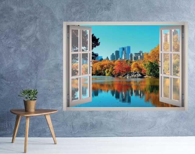 New York City Autumn View Window 3D Wall Decal Art Removable Wallpaper Mural Sticker Vinyl Home Decor