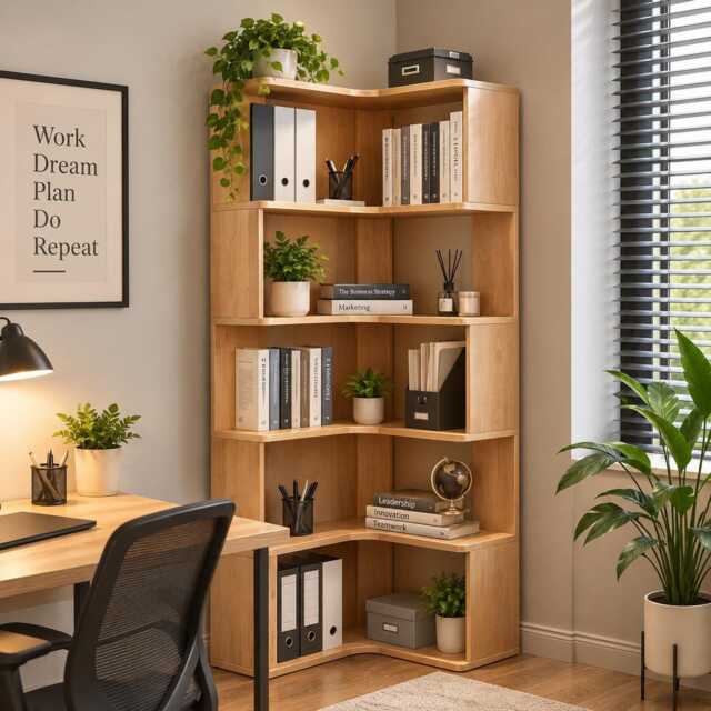 5 Tier Wooden Corner Bookshelf Slim L-Shaped Bookcase - image 1