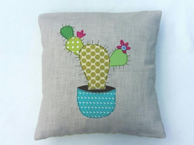 Cactus Cushion Cover, Prickly Pear, Decorative, Throw Cushion. Appliqu??d Cotton On Linen, 16 - image 1