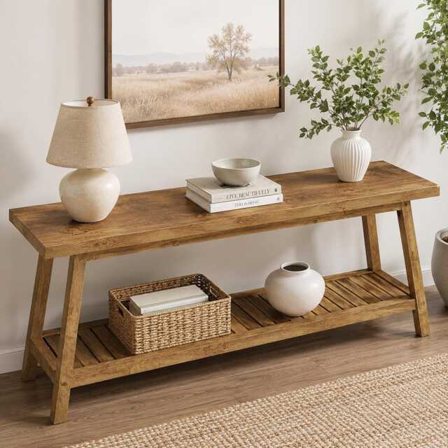 Modern Farmhouse Console Table, Rustic Entryway Storage Shelf, Vintage Brown Wood Furniture - image 1