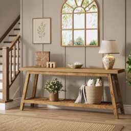 Modern Farmhouse Console Table, Rustic Entryway Storage Shelf, Vintage Brown Wood Furniture - thumbnail 2