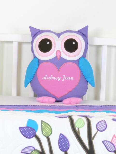 Owl Pillow, Baby Owl, Monogram Custom Cushion, Pillowcase, Pink Purple Stuffed - image 1