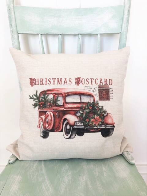 Vintage Car Christmas Pillow Cover Rustic Linen Holiday Decor - image 1