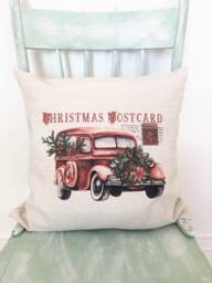 Vintage Car Christmas Pillow Cover Rustic Linen Holiday Decor - thumbnail 1