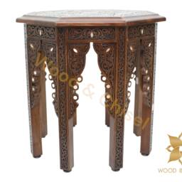 Octagonal Coffee Table Mother Of Pearl Inlay, Syrian Marquetry & Carved Details. Oriental Style, Luxury Wooden Side Table - thumbnail 2