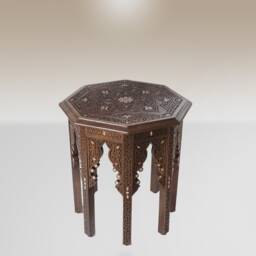 Octagonal Coffee Table Mother Of Pearl Inlay, Syrian Marquetry & Carved Details. Oriental Style, Luxury Wooden Side Table