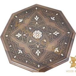 Octagonal Coffee Table Mother Of Pearl Inlay, Syrian Marquetry & Carved Details. Oriental Style, Luxury Wooden Side Table - thumbnail 4