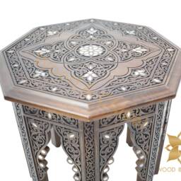 Octagonal Coffee Table Mother Of Pearl Inlay, Syrian Marquetry & Carved Details. Oriental Style, Luxury Wooden Side Table - thumbnail 3