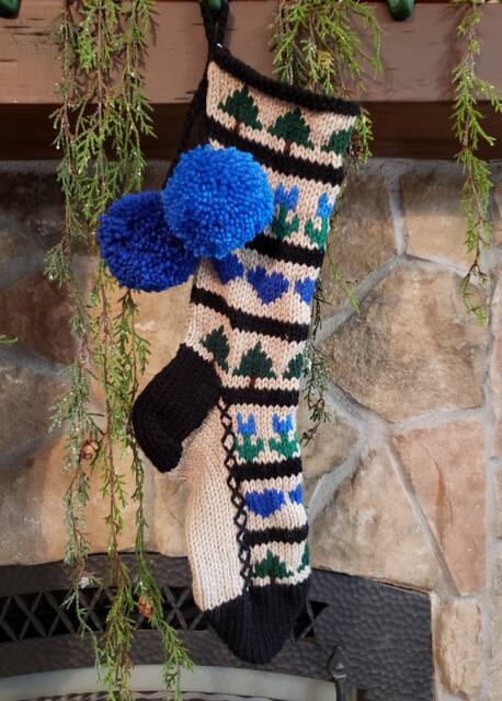 Hand Knit Christmas Stocking Blue Green Sampler Hearts Trees Flowers By Santa's Works - image 1