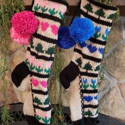 Hand Knit Christmas Stocking Blue Green Sampler Hearts Trees Flowers By Santa's Works - thumbnail 3