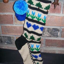 Hand Knit Christmas Stocking Blue Green Sampler Hearts Trees Flowers By Santa's Works - thumbnail 2