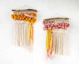 Handcrafted Wool Woven Wall Hanging Beige, Dusty Rose & Yellow Tapestry Duo - thumbnail 1