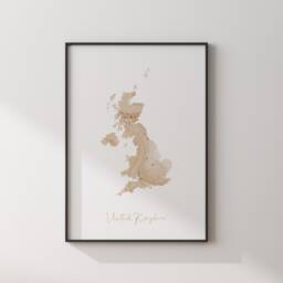 United Kingdom Map Beige & Gold Wall Art Print - thumbnail 3
