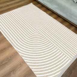 Minimalist Beige Area Rug Modern Curved Line, Washable Carpet - thumbnail 2