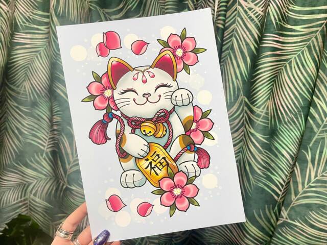 Chinese Waving Lucky Cat A5 Or A4 Art Print - image 1