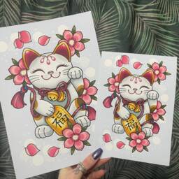 Chinese Waving Lucky Cat A5 Or A4 Art Print - thumbnail 3