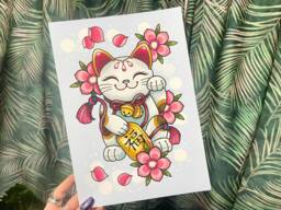 Chinese Waving Lucky Cat A5 Or A4 Art Print - thumbnail 1